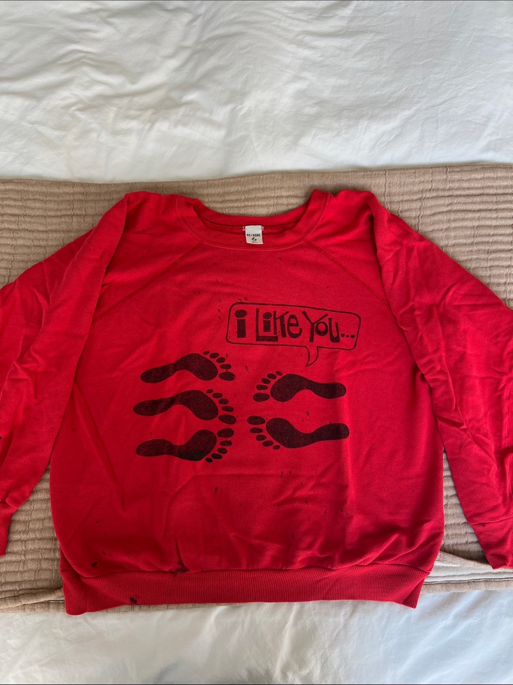 MOTHER Red Graphic Crewneck Sweatshirt - "I Like You, You’re different” Design